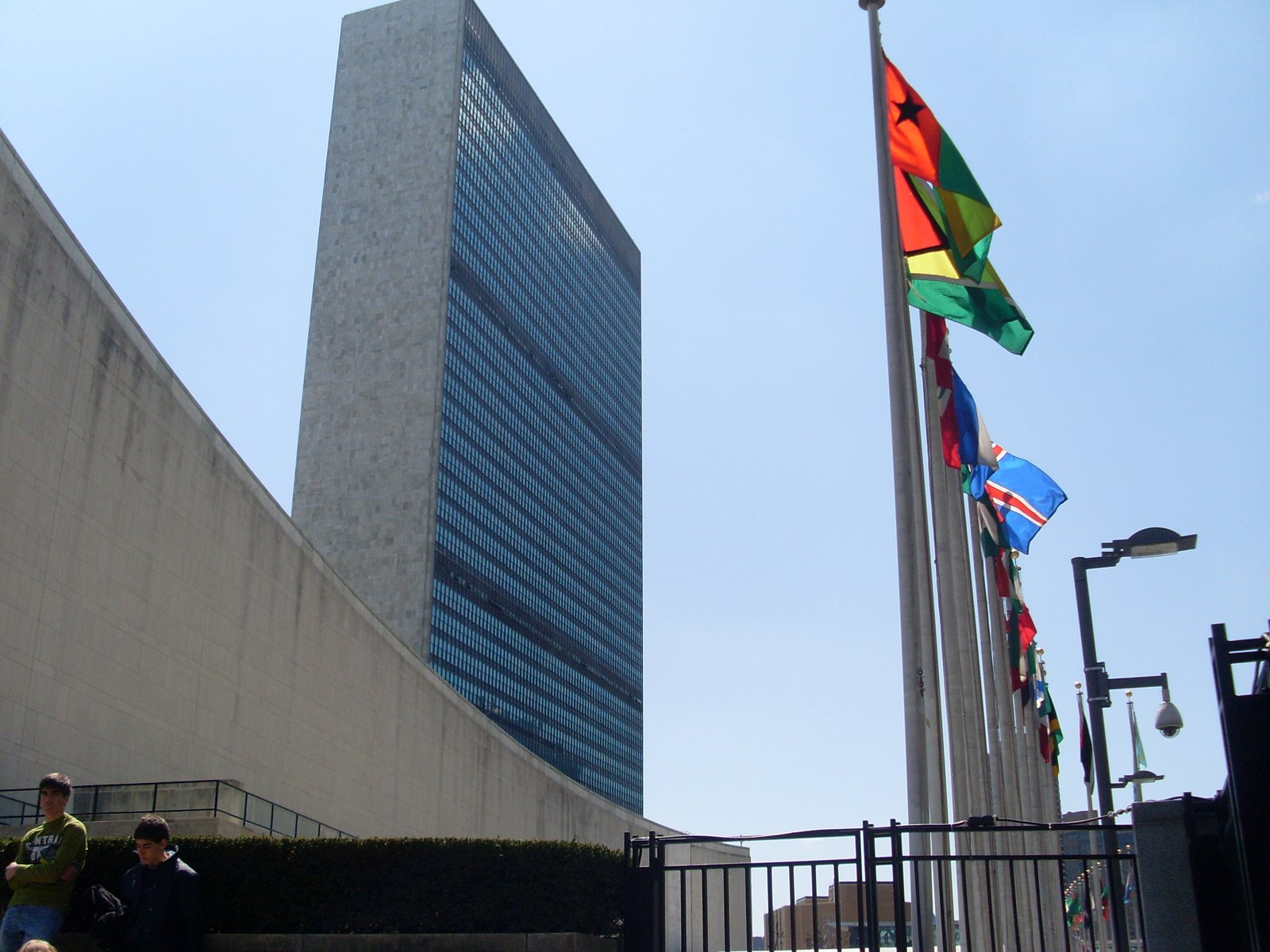 Archival photograph of United Nations Headquarters in New York with national flags